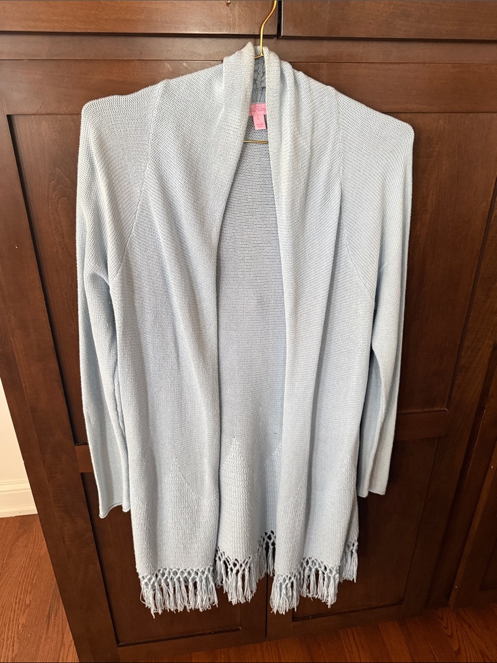 Lilly Pulitzer Light Blue Fringe Open-Front Sweater Shrug